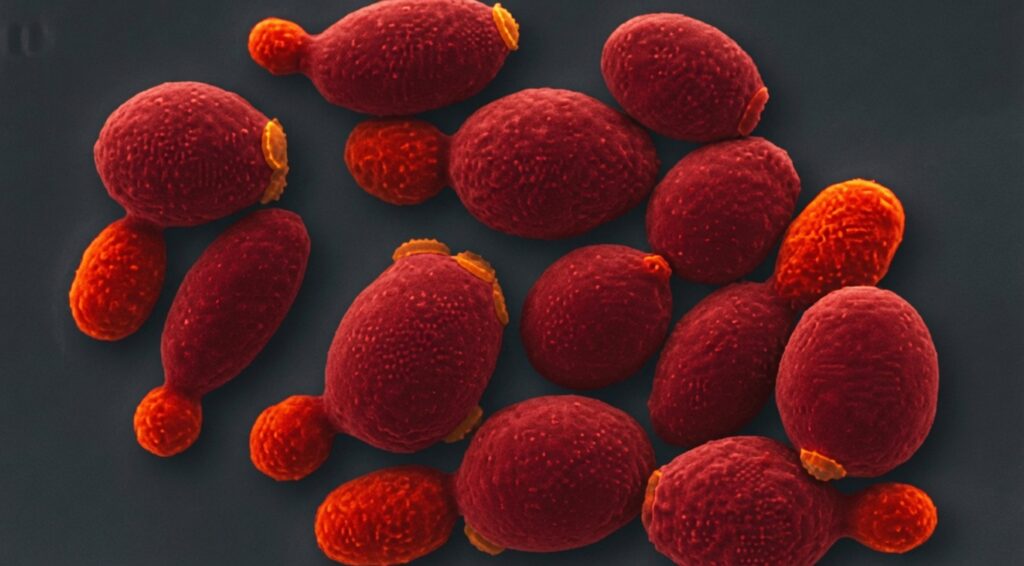 Graphic of yeast microscopic, red grey colors, Sophia CDMO graphic