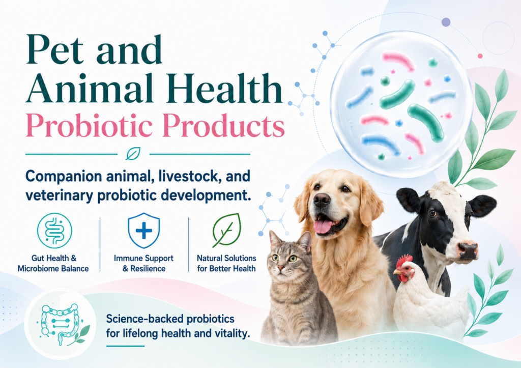 Modern pastel biotech banner for “Pet and Animal Health Probiotic Products,” featuring bold teal and pink text, probiotic microbe graphics, botanical accents, and a dog, cat, cow, and chicken representing companion animal, livestock, and veterinary probiotic development.