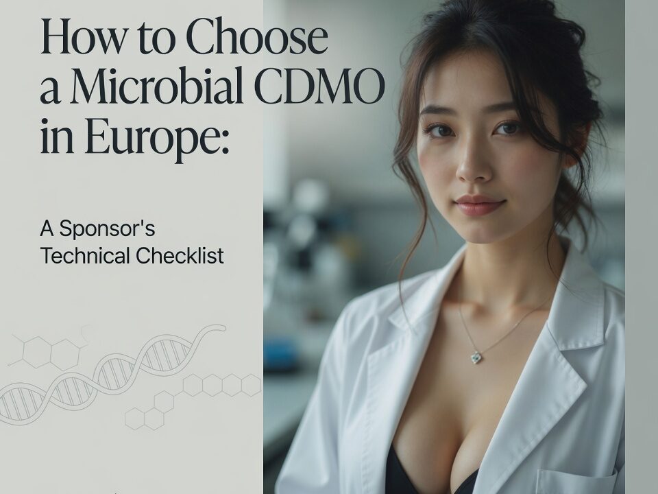Text on ad reads 'How to Choose a Microbial CDMO in Europe: A Sponsor’s Technical Checklist' with beautiful young asian model scientist in white scientific clothes