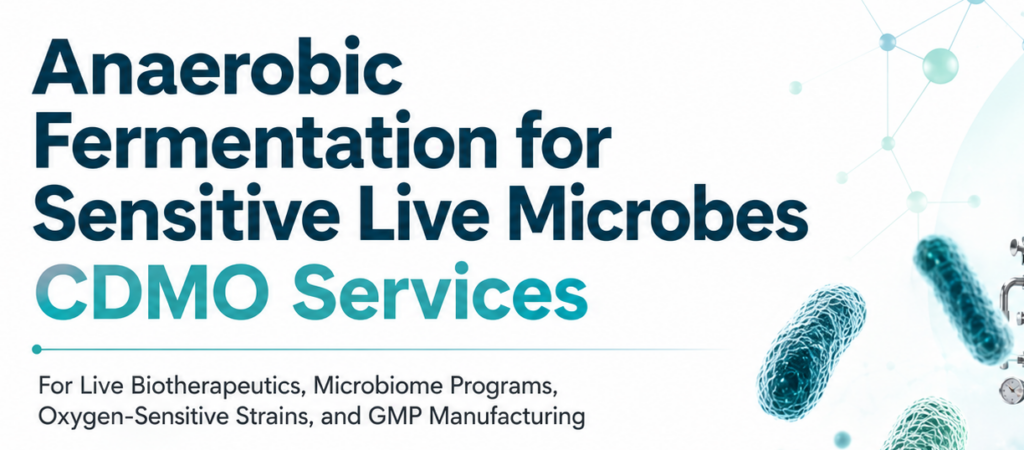 Dark-green white biotech banner for “Anaerobic Fermentation for Sensitive Live Microbes,” featuring stylized anaerobic bacteria, molecule graphics, cells, geometry