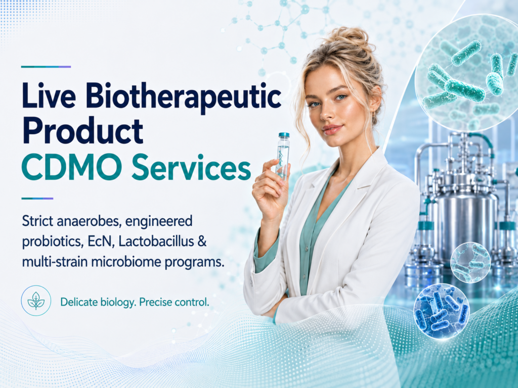Modern Sophia CDMO biotech banner for “Live Biotherapeutic Product CDMO Services,” featuring a professional female scientist holding a vial, stainless-steel bioreactors, microbiome bacteria graphics, molecular visuals, and clean teal-blue design elements representing strict anaerobes, engineered probiotics, EcN, Lactobacillus, and multi-strain microbiome manufacturing.