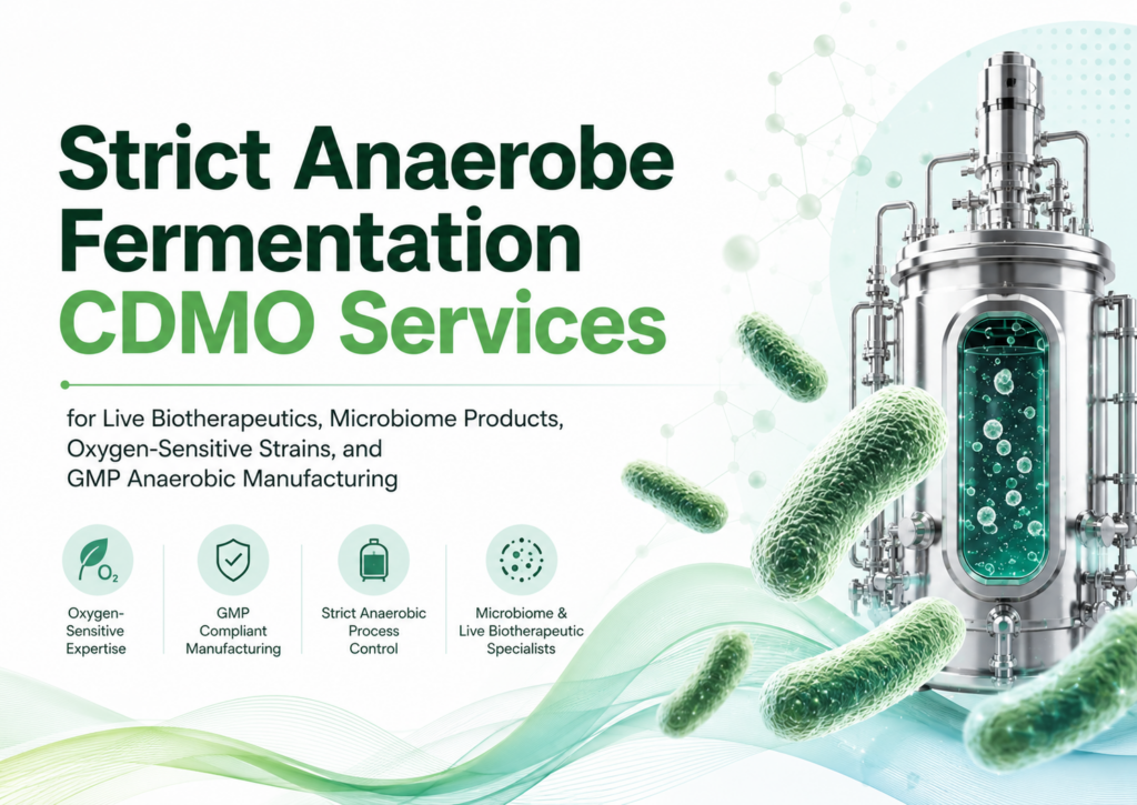Blue-green biotech banner for “Anaerobic Fermentation for Sensitive Live Microbes,” featuring stylized anaerobic bacteria, molecular network graphics, GMP fermentation icons, flowing scientific wave patterns, and a stainless-steel bioreactor for low-oxygen microbiome and live biotherapeutic manufacturing.