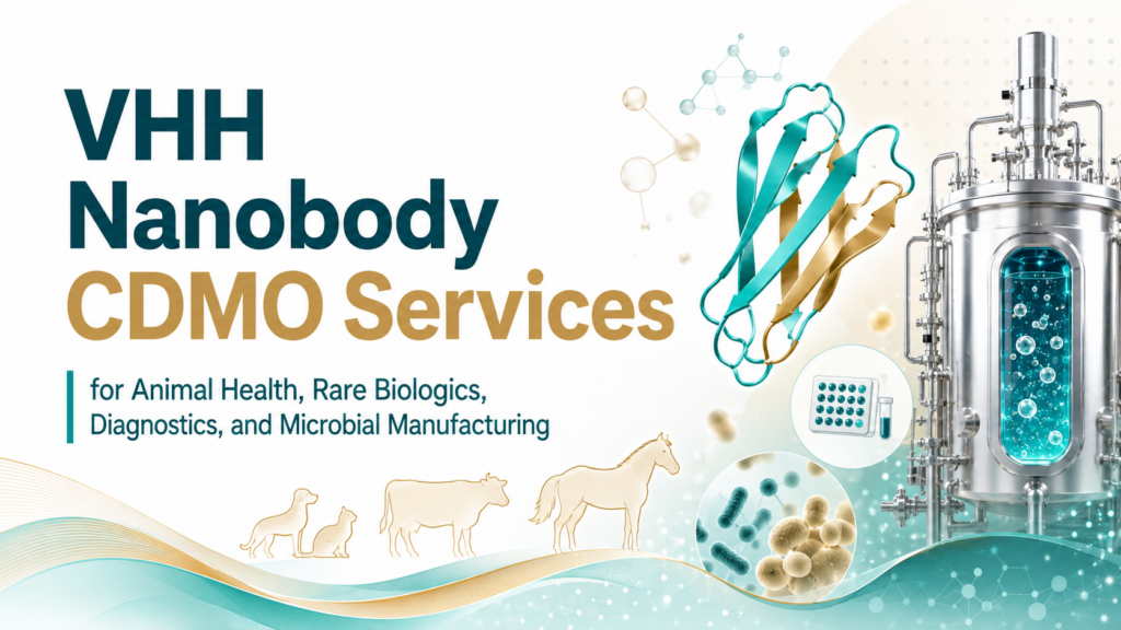 Bold teal and gold biotech banner for “VHH Nanobody CDMO Services,” featuring a protein structure, stainless-steel bioreactor, microbial imagery, diagnostic lab icons, and animal silhouettes representing animal health, rare biologics, diagnostics, and microbial manufacturing.