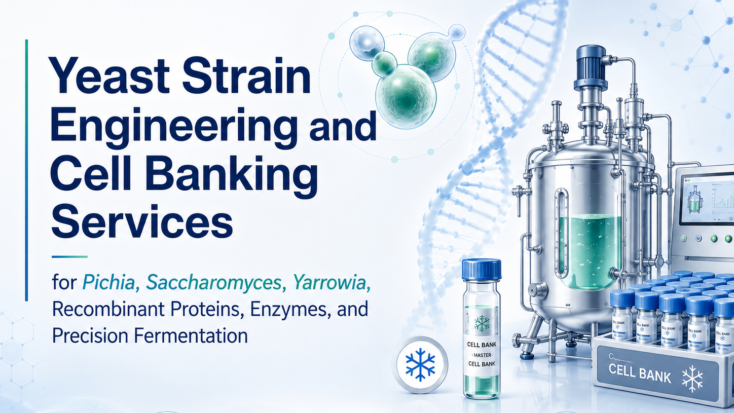 Clean biotech banner titled “Yeast Strain Engineering and Cell Banking Services,” featuring Pichia, Saccharomyces, and Yarrowia applications for recombinant proteins, enzymes, and precision fermentation, with visuals of yeast cells, DNA, a bioreactor, cryopreserved cell bank vials, and scientific icons.