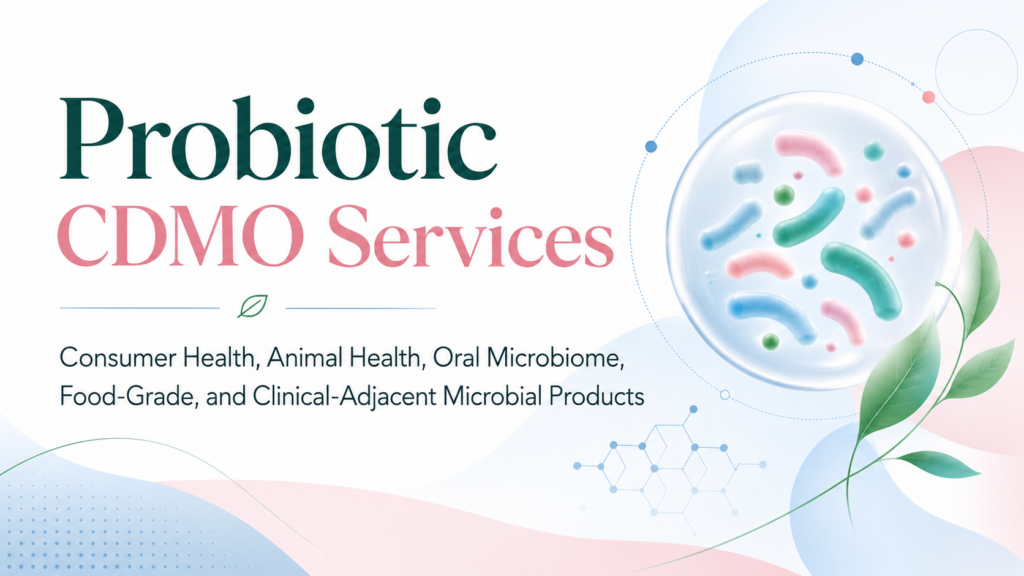 Modern probiotic CDMO services website banner with bold teal and pink typography, larger readable service text, pastel microbial illustrations, green botanical elements, and clean biotech graphics for consumer, animal health, oral microbiome, food-grade, and clinical-adjacent products.