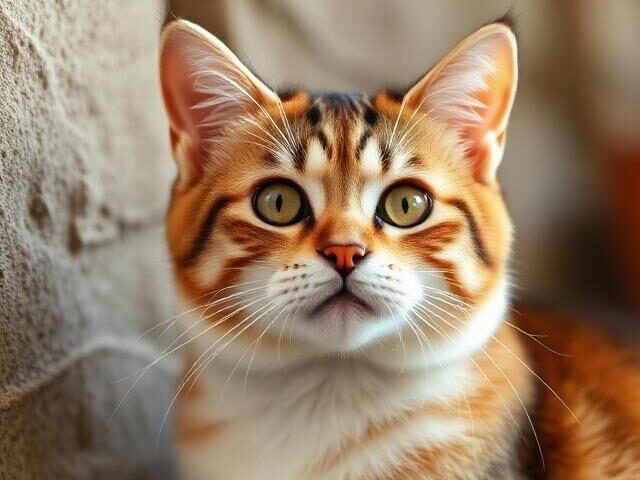 Orange, black, white, red type tricolor cat beautiful looking at you next to cement grey wall