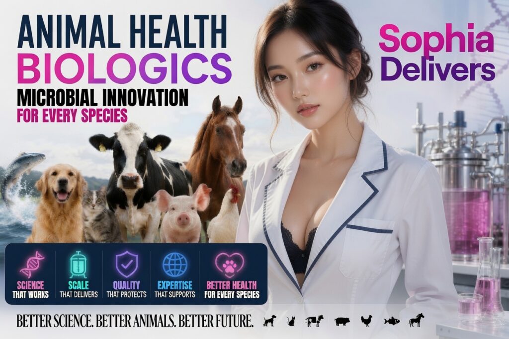 Stunning Asian woman in a white lab coat with elegant black lace top, featured in a vibrant Animal Health Biologics advertisement for Sophia CDMO. Text reads 'Animal Health Biologics - Microbial Innovation for Every Species' and 'Sophia Delivers'. Background shows diverse animals including a golden retriever, cat, cow, horse, pig, chicken, and fish, with lab equipment and icons highlighting probiotics, recombinant proteins, enzymes, and aquaculture solutions. Professional biotech promotional design.