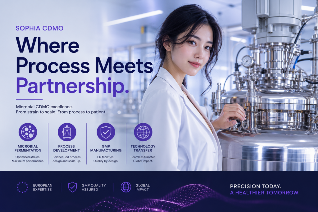 Sophia CDMO biotechnology advertisement featuring an elegant East Asian female scientist in a modern white lab coat beside a polished stainless-steel bioreactor. The ad highlights microbial fermentation, process development, GMP manufacturing, and technology transfer in a cool blue-violet laboratory setting.