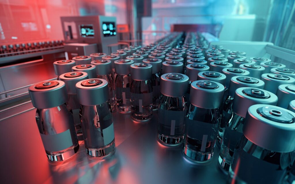 High-tech pharmaceutical production line filled with dense rows of glass vials featuring silver metallic caps and reflective surfaces under dramatic red and cyan neon lighting. Futuristic sterile manufacturing environment showcasing advanced biologics and injectable drug production with cinematic depth, vibrant color gradients, and premium biotech aesthetic.