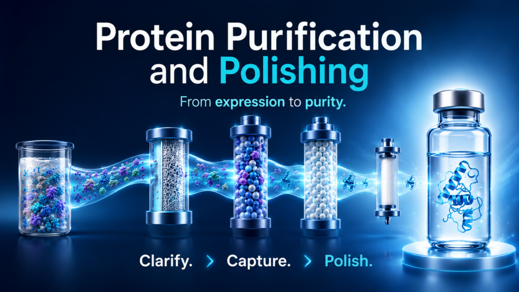 Protein Purification and Polishing graphic featuring a dark blue biotech background, large centered headline, and a visual purification workflow moving from mixed protein material through clarification, capture, and polishing columns to a purified protein vial.