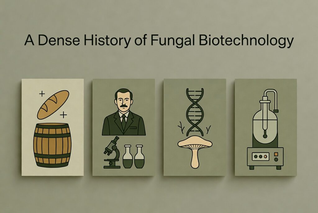 Simple illustrated timeline titled “A Dense History of Fungal Biotechnology” with four clean panels: ancient bread and beer barrel, scientist at microscope, DNA strand with mushroom, and modern bioreactor. Matte style on neutral background.