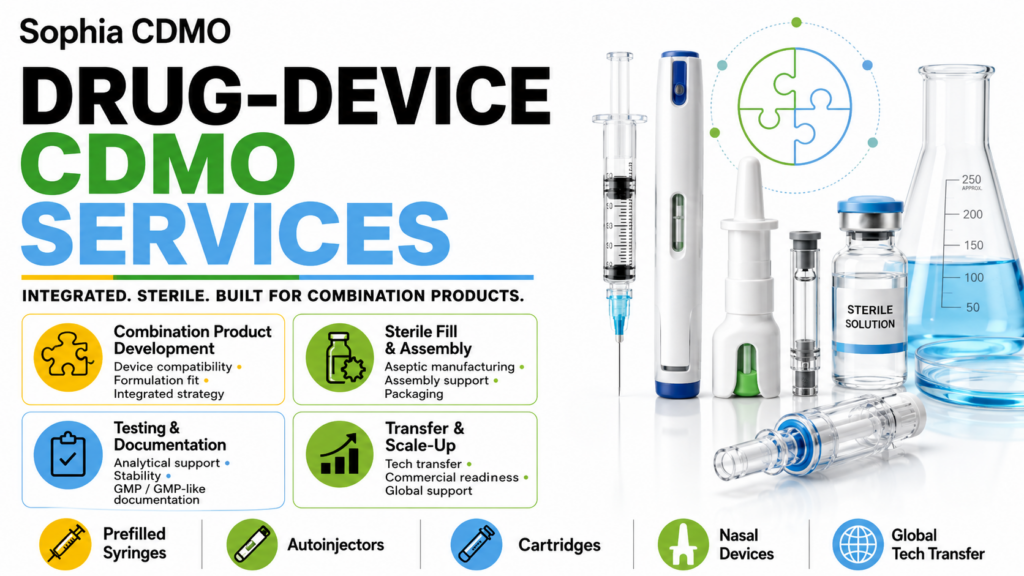 Sophia CDMO infographic for Drug-Device CDMO Services with bold black, green, and blue typography on a white background. The image features a syringe, autoinjector-style pen, nasal device, vial, cartridge, and lab glassware, emphasizing combination product development, sterile fill and assembly, testing, scale-up, and global technology transfer.