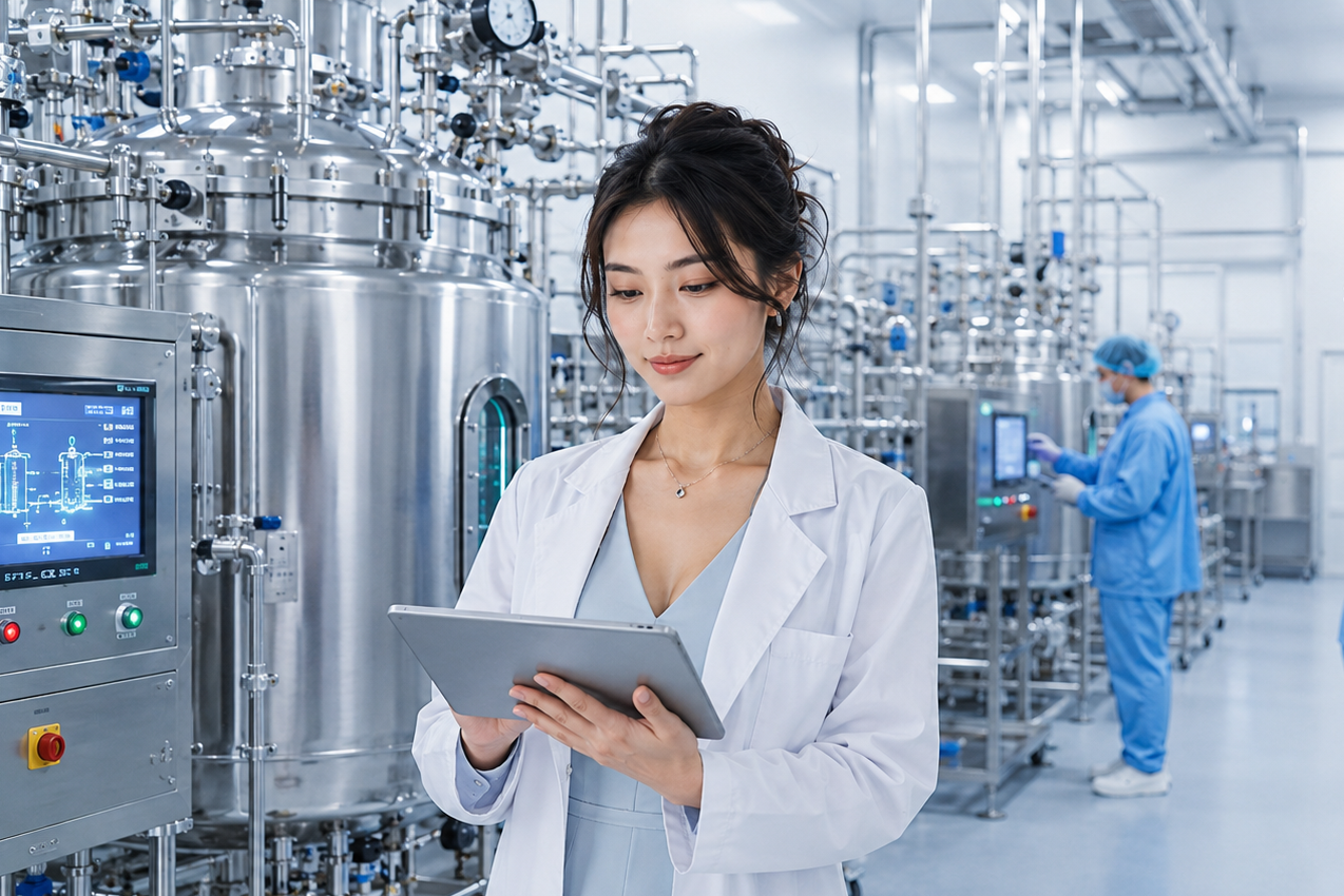 A high-tech Sophia CDMO laboratory scene featuring a female scientist in a white lab coat standing beside an automated vial filling line, with orange-capped vials, robotic equipment, stainless bioprocessing systems, and a clean microbial manufacturing environment.