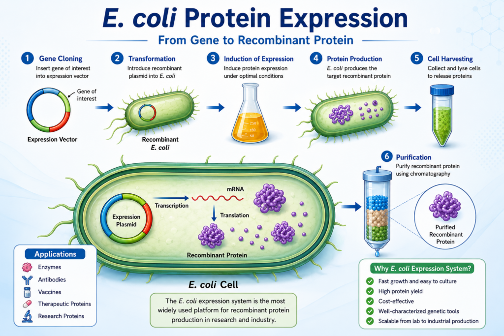 Illustrated E. coli protein expression workflow showing gene cloning, plasmid transformation, induction of expression, recombinant protein production, cell harvesting, and purification by chromatography, with a large E. coli cell diagram, plasmid, mRNA, recombinant proteins, applications, and benefits of E. coli expression for scalable recombinant protein manufacturing.