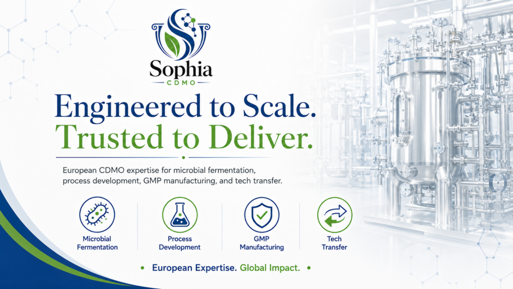 Wide-format Sophia CDMO advertisement with the slogan “Engineered to Scale. Trusted to Deliver.” alongside clear service icons and a bright stainless-steel fermentation facility, highlighting European CDMO expertise and global impact.