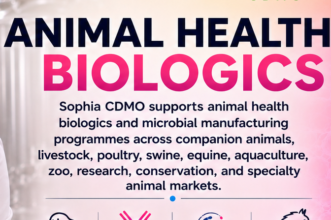 Sophia CDMO Animal Health Biologics promotional ad featuring a poised Asian female scientist in a white lab coat and black top seated in a bright biotech fermentation facility, with stainless steel bioreactors, pink laboratory glassware, the Sophia CDMO logo, bold animal health biologics messaging, service icons for recombinant proteins, vaccines and antigens, probiotics and synbiotics, aquaculture products, microbial metabolites, feed bioactives, diagnostic proteins, and precision fermentation, plus location and manufacturing highlights for Pamplona, Basel, GMP manufacturing, scale-up, analytics, quality, and animal health innovation.