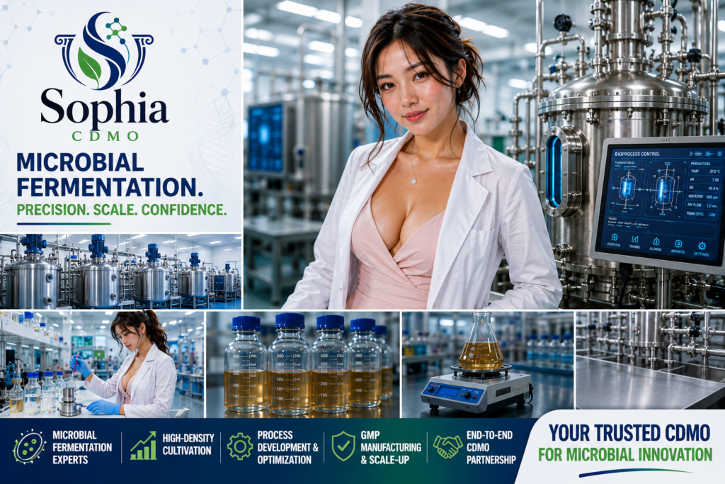 Sophia CDMO promotional image for microbial fermentation showing a confident female scientist in a white lab coat inside a modern biotech manufacturing facility with stainless steel bioreactors, process control screens, laboratory testing equipment, fermentation bottles, and bold service highlights for microbial fermentation, high-density cultivation, process development, GMP manufacturing, scale-up, and end-to-end CDMO partnership.