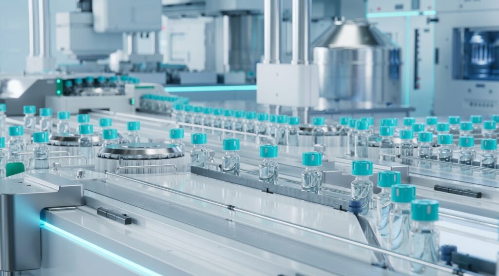 Modern high-tech pharmaceutical manufacturing line featuring rows of glass vials with cyan-teal caps moving along a sterile conveyor belt in a bright, futuristic cleanroom facility. Cool blue and silver tones emphasize precision, automation, and advanced biologics production.