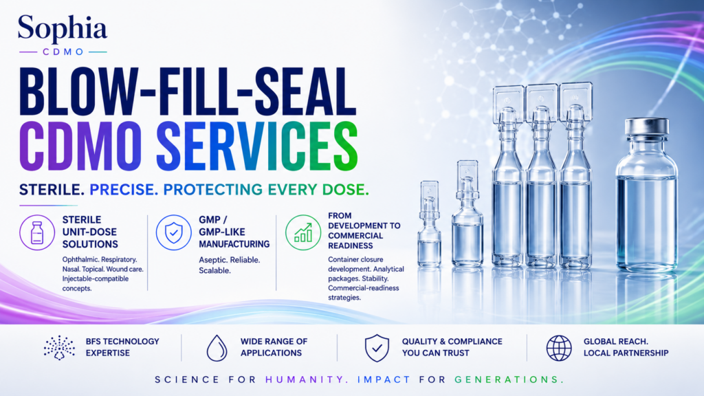 Sophia CDMO infographic for Blow-Fill-Seal CDMO Services featuring sterile BFS ampoules, ophthalmic bottles, unit-dose containers, pharmaceutical manufacturing equipment, molecular graphics, and clean modern biotech design. Bold typography emphasizes sterile manufacturing, container development, GMP production, stability, and commercial readiness.