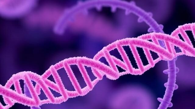 Pink Purple DNA RNA looking geoemtry, pink DNA helix, Purple surreal black background graphic