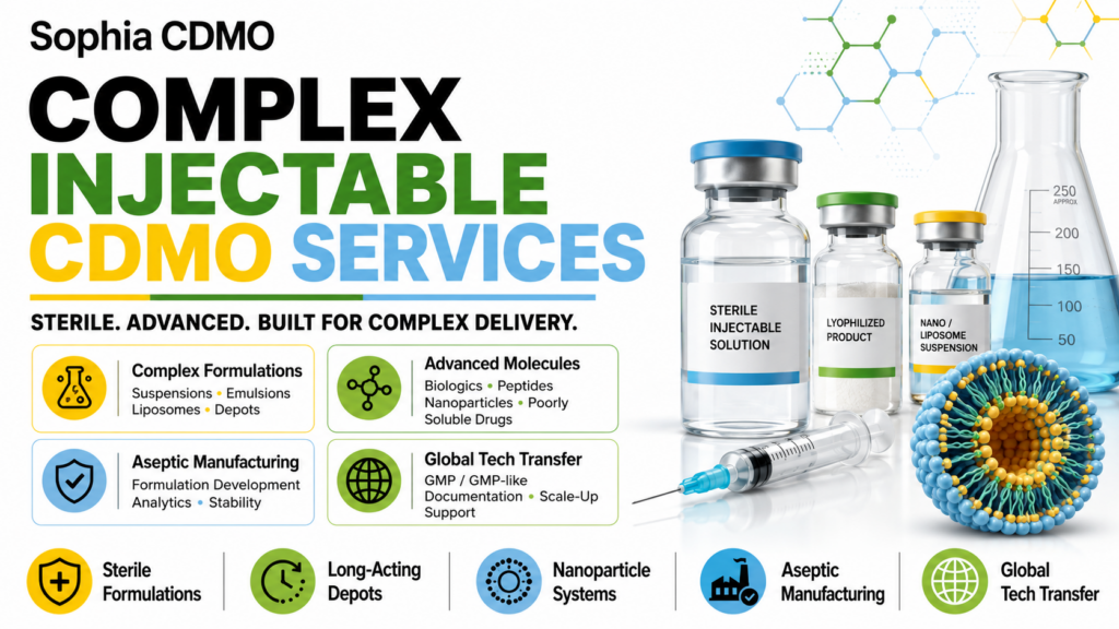 Sophia CDMO promotional graphic for Complex Injectable CDMO Services, using a bold black, green, yellow, and light blue color palette. Large headline text appears on the left, while the right side shows injectable vials, a syringe, a flask, and a nanoparticle/liposome illustration, highlighting sterile formulations, advanced molecules, aseptic manufacturing, and global tech transfer.