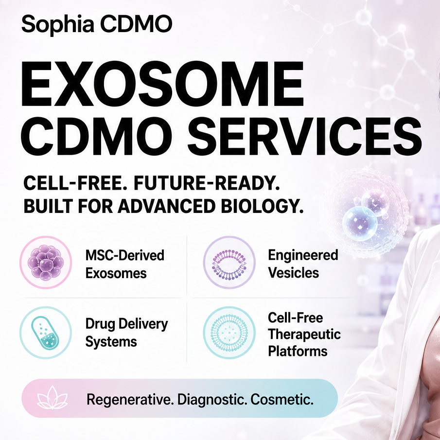 Sophia CDMO advertisement for Exosome CDMO Services featuring small part of a Japanese supermodel in a white lab coat over a pale pink satin dress, standing in a modern cosmetic biotechnology laboratory. Large bold text highlights exosome development, engineered vesicles, MSC-derived exosomes, drug delivery systems, and cell-free therapeutic platforms, with glowing extracellular vesicle graphics and premium cosmetic packaging.