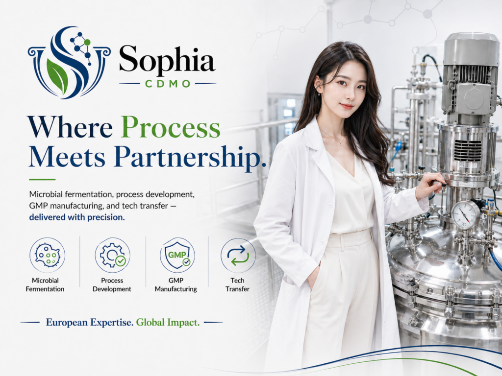 Sophia CDMO advertisement featuring an elegant Japanese female scientist in a white lab coat beside a stainless-steel bioreactor, with the slogan “Where Process Meets Partnership” and icons for microbial fermentation, process development, GMP manufacturing, and technology transfer.