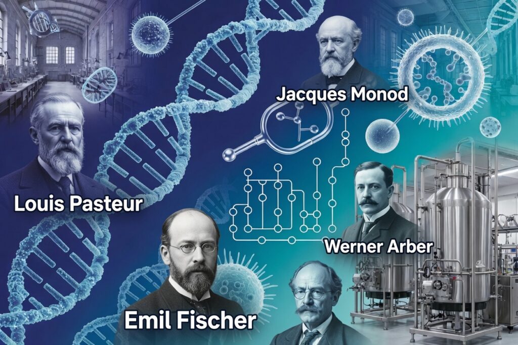 Modern biotech illustration highlighting Europe’s scientific heritage in chemistry and fermentation leading to advanced E. coli recombinant protein manufacturing. Features portraits of Louis Pasteur, Emil Fischer, Jacques Monod, and Werner Arber integrated with DNA helices, molecular models, operon circuits, restriction enzymes, and sleek industrial bioreactors. Symbolizing the fusion of historical discovery and contemporary biomanufacturing excellence.