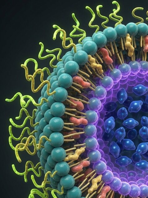 Colorful graphic of the lipsome lipid bilayer, a semi circle section of it. 