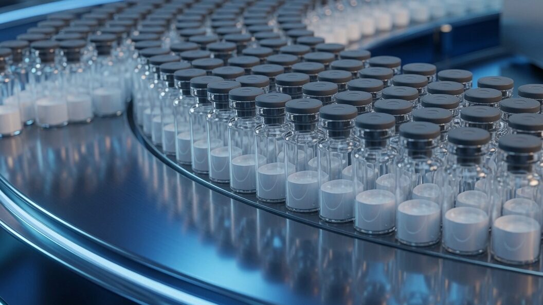 High-volume sterile pharmaceutical vial production line with densely packed glass vials on a curved stainless steel conveyor in a modern biotech manufacturing facility. Premium CDMO sterile fill-finish process visualization.