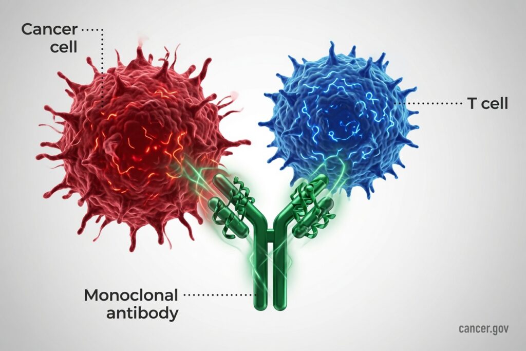 Sophia CDMO graphic: Monoclonal antibody (green) linking a cancer cell (red) and T cell (blue) in an immunotherapy mechanism diagram.