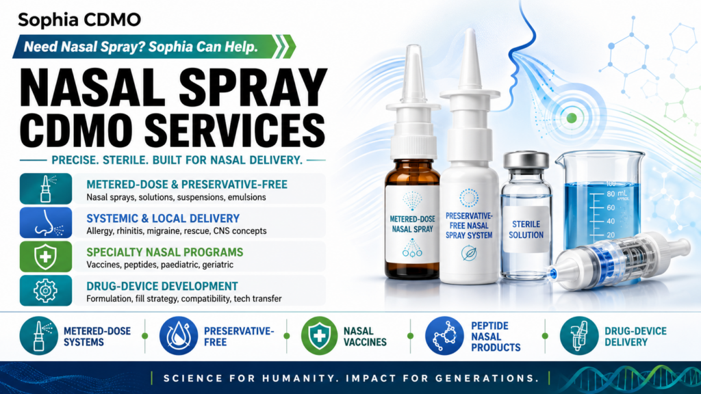 Sophia CDMO infographic for Nasal Spray CDMO Services featuring a bold headline and teal, blue, and green accents. The design includes nasal spray bottles, a sterile vial, a nasal-delivery device component, a beaker with blue liquid, and a stylized nose-and-airflow graphic, highlighting metered-dose systems, preservative-free nasal sprays, nasal vaccines, peptide nasal products, and drug-device delivery.