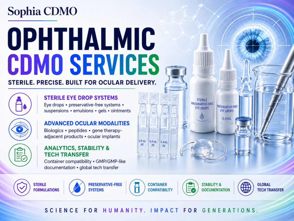 Sophia CDMO Ophthalmic CDMO Services advertisement featuring sterile eye drop bottles, preservative-free ophthalmic containers, ampoules, ocular implant graphics, laboratory glassware, and a blue iris illustration representing ophthalmic drug delivery. Large modern typography highlights sterile eye drops, ocular biologics, analytics, stability, and global technology transfer.
