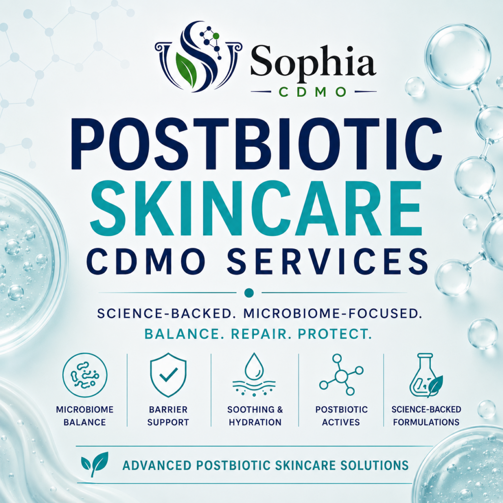 Sophia CDMO Postbiotic Skincare CDMO Services poster featuring the official Sophia logo, oversized navy and turquoise typography, soft aqua molecular graphics, microbiome imagery, and concise icons for barrier support, hydration, postbiotic actives, and science-backed formulations.