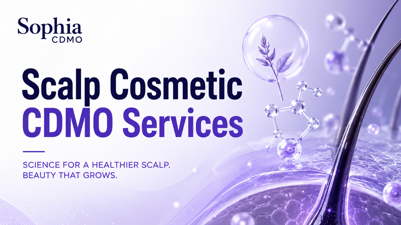 Sophia CDMO high-end cosmetic biotechnology advertisement for Scalp Cosmetic CDMO Services featuring a magnified glowing scalp and hair follicle, molecular spheres, botanical imagery, and flowing violet wave graphics. Minimal bold typography promotes science-led scalp care, healthier-looking hair, and modern cosmetic development.