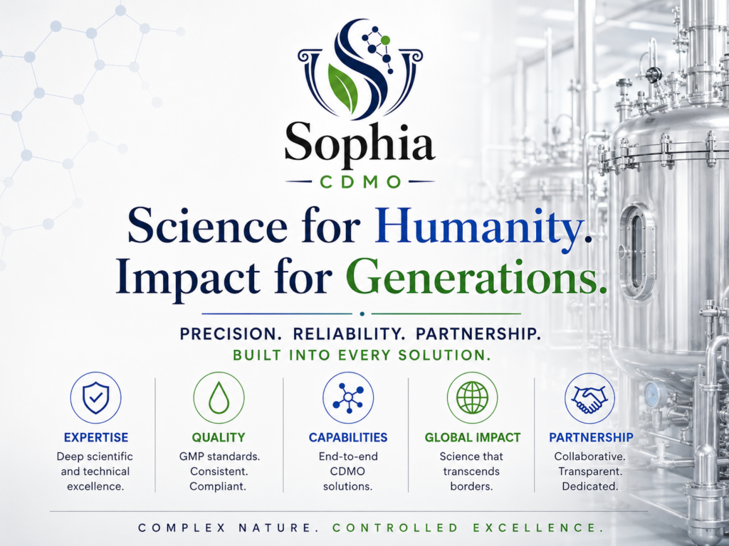 Sophia CDMO biotech advertisement featuring the slogan “Science for Humanity. Impact for Generations.” alongside the Sophia CDMO logo, large readable service pillars, and a clean stainless-steel fermentation and bioreactor facility in the background.