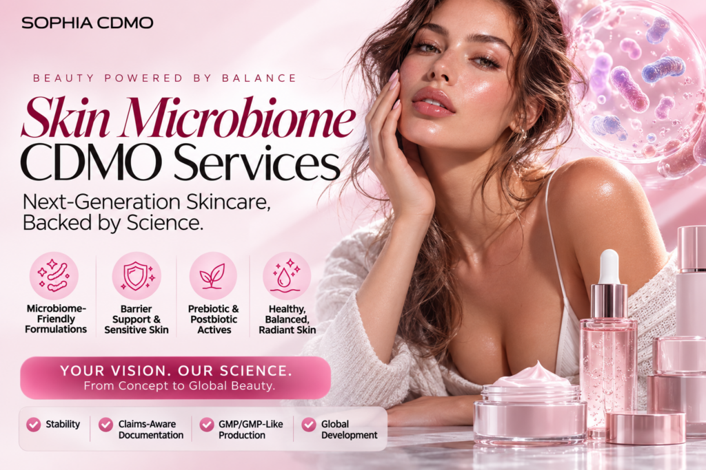 Sophia CDMO Ad the text reads 'Beauty Powered by Balance, Skin Microbiome CDMO Services, Next-Geeneration Skincare, Backed by Science. 