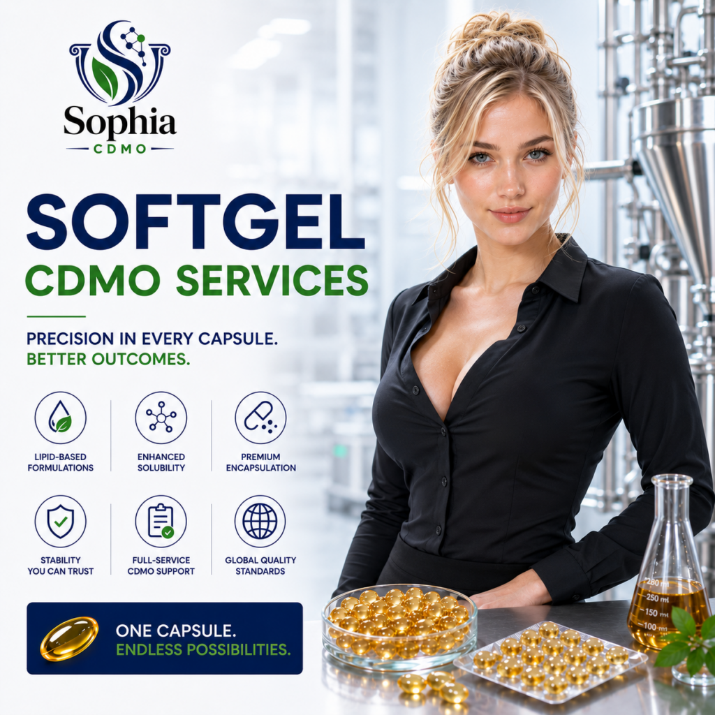 Sophia CDMO Softgel CDMO Services advertisement featuring a blonde female professional standing at an angle in a fitted black blouse beside golden capsules and laboratory glassware, with bold messaging around precision, stability, and premium encapsulation.