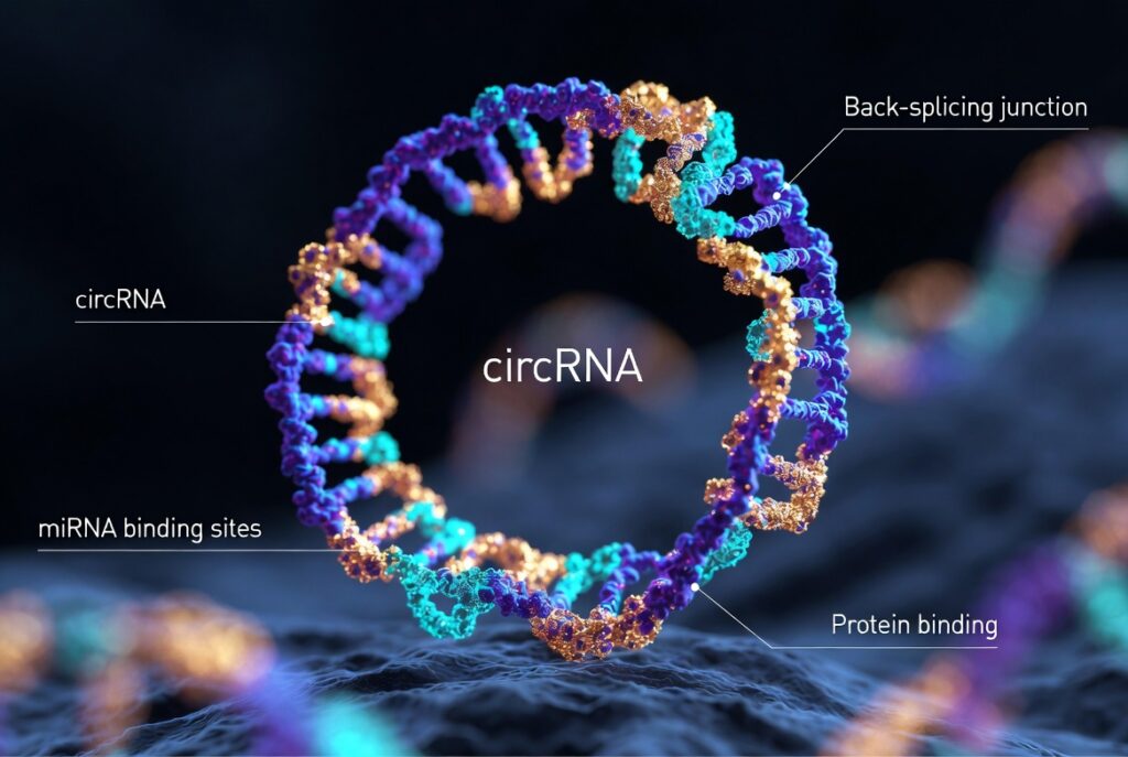 Sophia CDMO graphic: High-resolution 3D scientific illustration of circular RNA (circRNA) showing its closed circular structure, back-splicing junction, miRNA binding sites, and protein binding regions. Premium molecular biology visualization for RNA therapeutics and CDMO services.