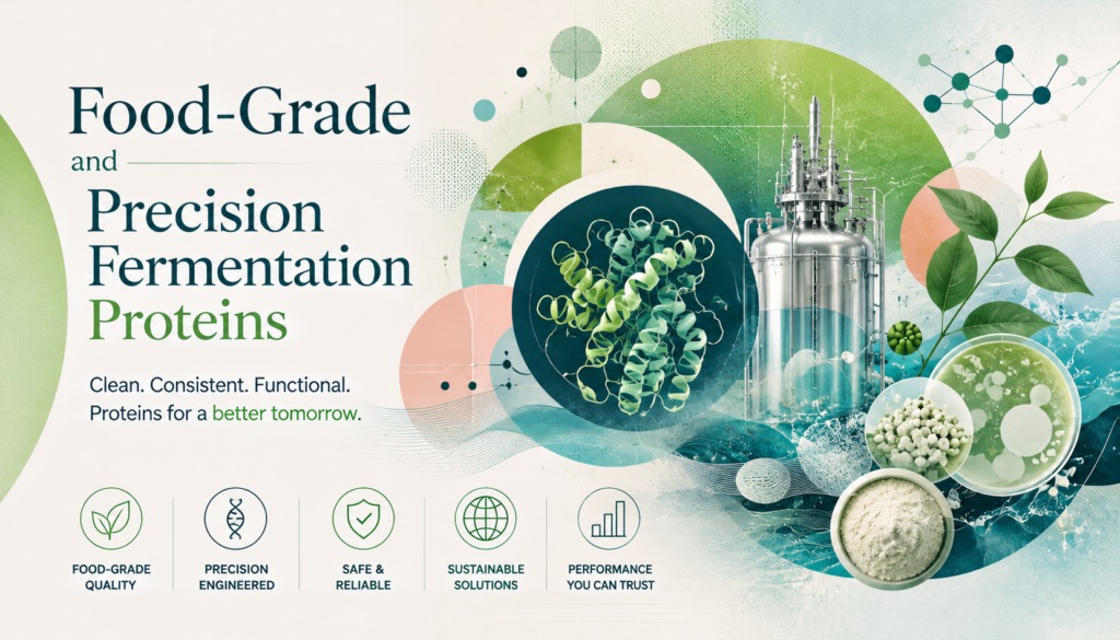 Wide artistic biotech banner for Food-Grade and Precision Fermentation Proteins featuring green, teal, cream, and coral geometric forms, a stainless-steel fermenter, protein structure, botanical leaves, microbial cultures, and powdered protein ingredients. The design highlights food-grade quality, precision engineering, safety, sustainability, and reliable performance.