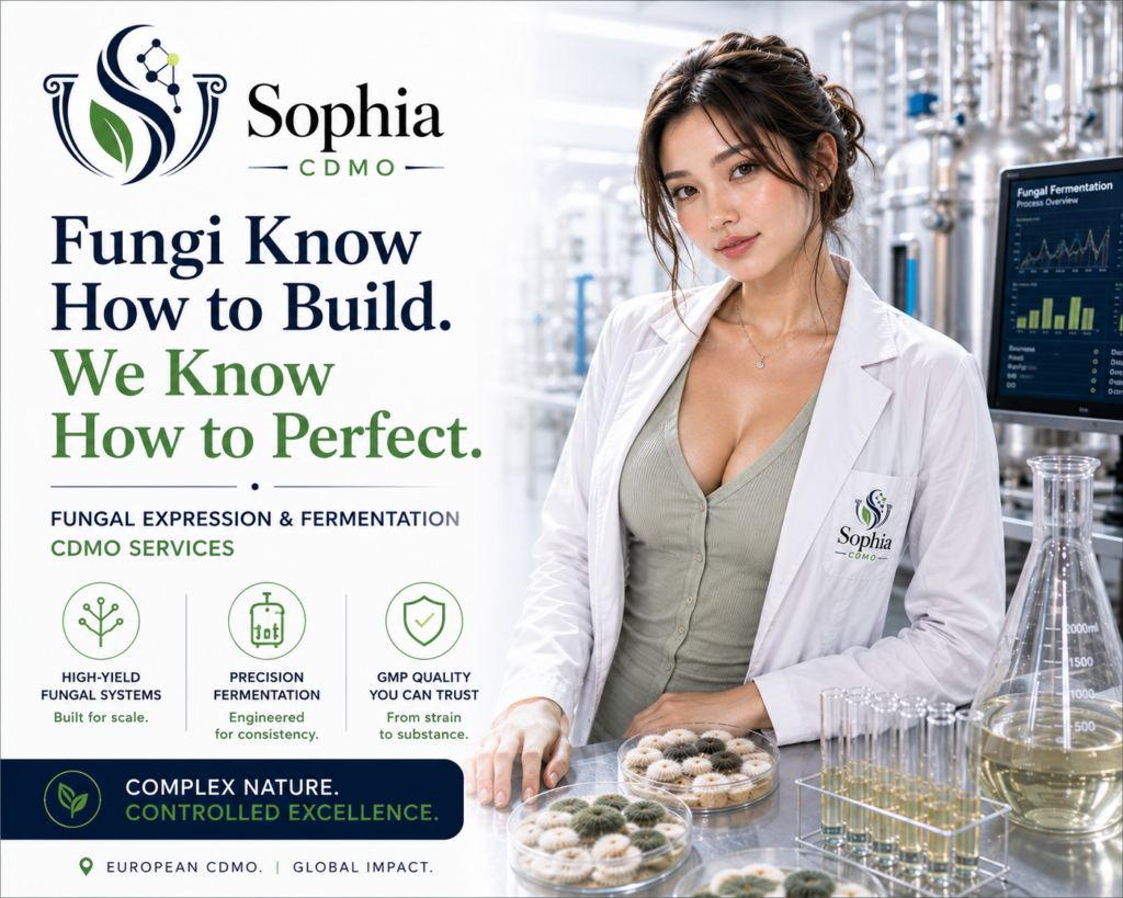 Sophia CDMO fungal expression and fermentation advertisement featuring a professional female scientist in a white lab coat in a bright bioprocessing facility, with fungal culture plates, test tubes, glassware, and stainless steel fermentation equipment. The ad reads “Fungi Know How to Build. We Know How to Perfect.” and highlights high-yield fungal systems, precision fermentation, GMP quality, and European CDMO services.