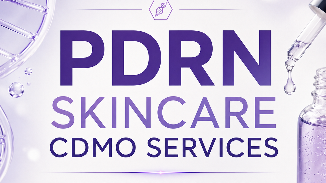 Minimal Sophia CDMO advertisement for PDRN Skincare CDMO Services featuring oversized purple typography, a DNA helix, serum dropper, cosmetic bottle, and clean icons for skin renewal, hydration, science-backed formulation, and premium dermocosmetic products.