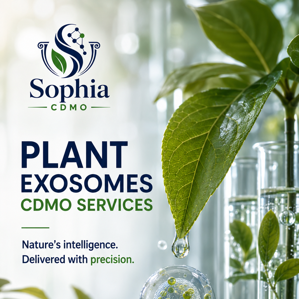 Ad for Sophia CDMO, with plants and water droplets, text reads 'Plant Exosomes CDMO Services, Nature's intelligence, Delivered with precision.
