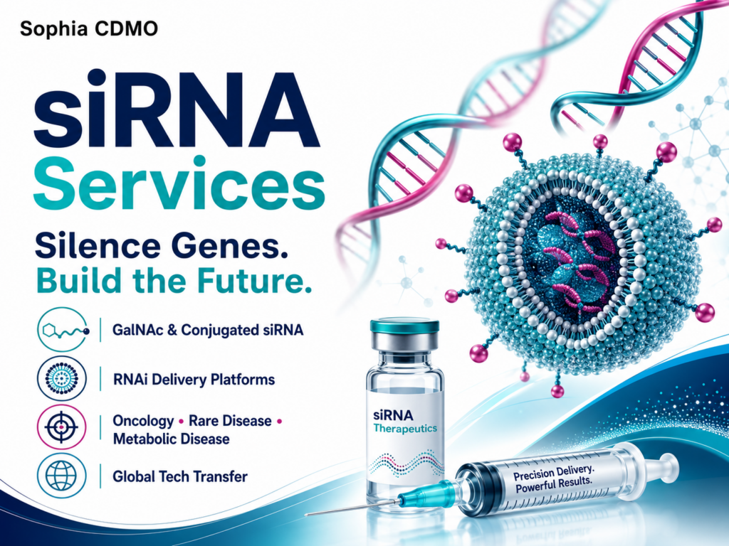 Sophia CDMO promotional image for siRNA Services featuring a teal and magenta RNA duplex, a detailed RNA delivery nanoparticle, therapeutic vial, syringe, and molecular graphics. Large navy and teal text highlights gene silencing, GalNAc and conjugated siRNA, RNAi delivery platforms, oncology, rare disease, metabolic disease, and global tech transfer.