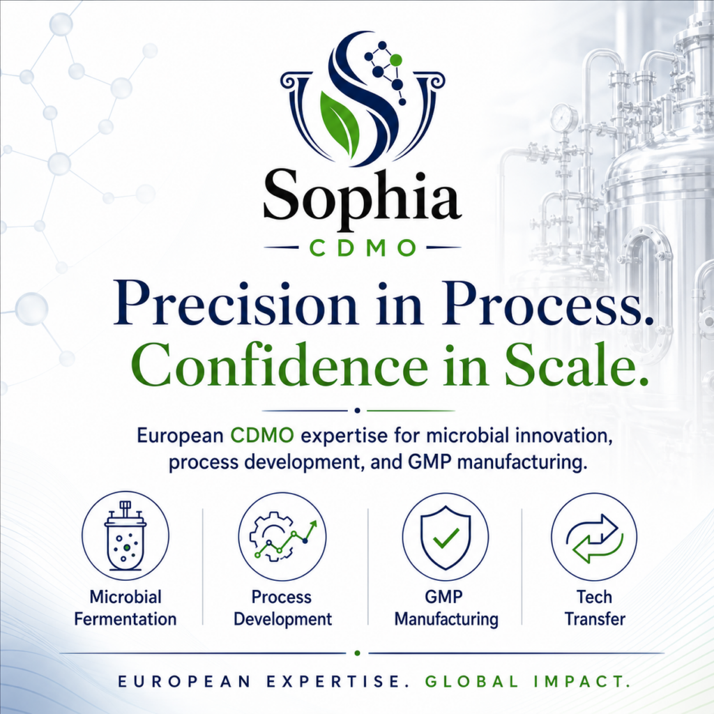 Sophia CDMO corporate biotechnology advertisement featuring the slogan “Precision in Process. Confidence in Scale.” with clear icons for microbial fermentation, process development, GMP manufacturing, and technology transfer against a clean stainless-steel bioprocess background.