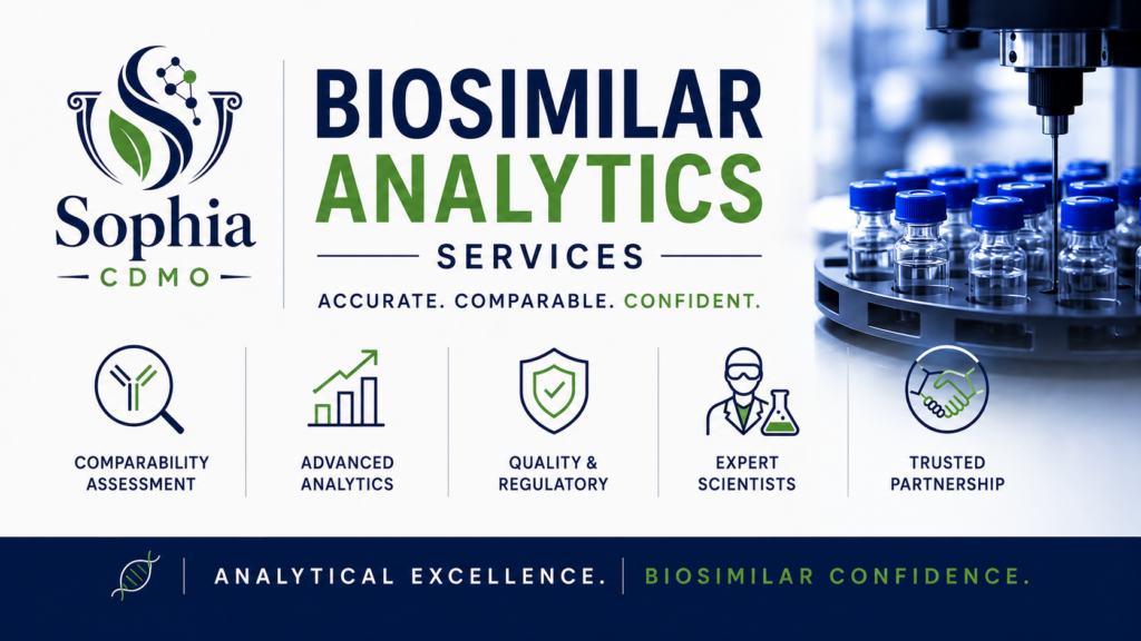 Sophia CDMO wide banner for Biosimilar Analytics Services featuring the official Sophia logo, bold navy and green typography, automated analytical equipment with blue-capped sample vials, and clear icons for comparability assessment, advanced analytics, quality and regulatory support, expert scientists, and trusted partnership. The design emphasises analytical excellence, reference-product comparability, and biosimilar confidence.