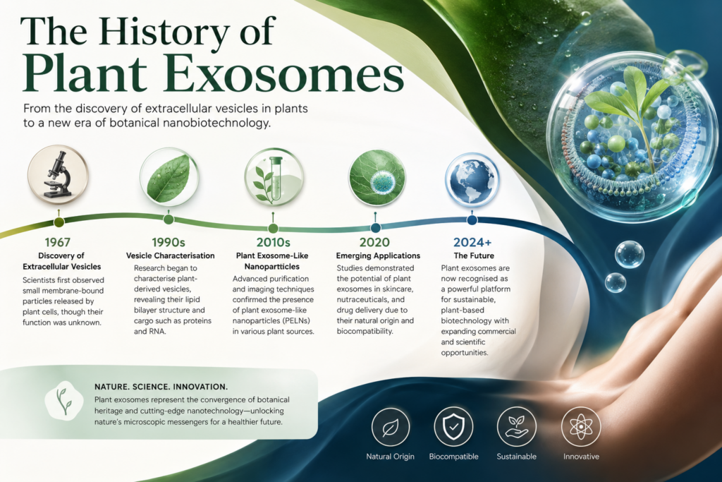 Green, blue, tan, black, and white infographic titled “The History of Plant Exosomes,” showing a sleek timeline from early observations to modern plant extracellular vesicle science, with icons for microscopy, plant EV recognition, analytical characterisation, biotechnology applications, and CDMO manufacturing.