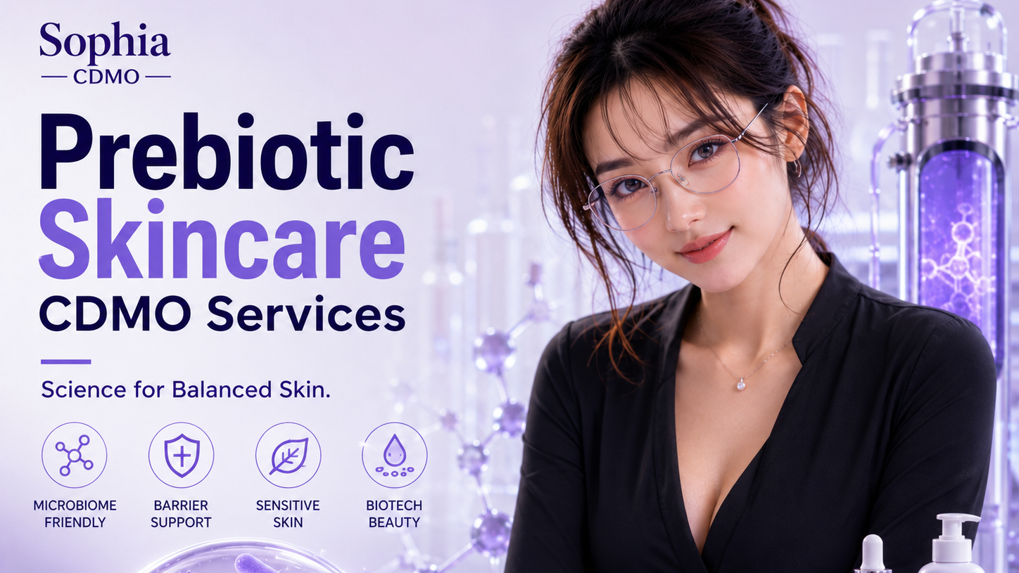 Sophia CDMO Prebiotic Skincare CDMO Services advertisement featuring an adult Japanese female lab director in a fitted black blouse and glasses inside a lavender-lit cosmetic biotechnology laboratory. Bold typography highlights microbiome-friendly skincare, barrier support, sensitive skin, and biotech beauty, with botanical, microbial, and skincare-product visuals.