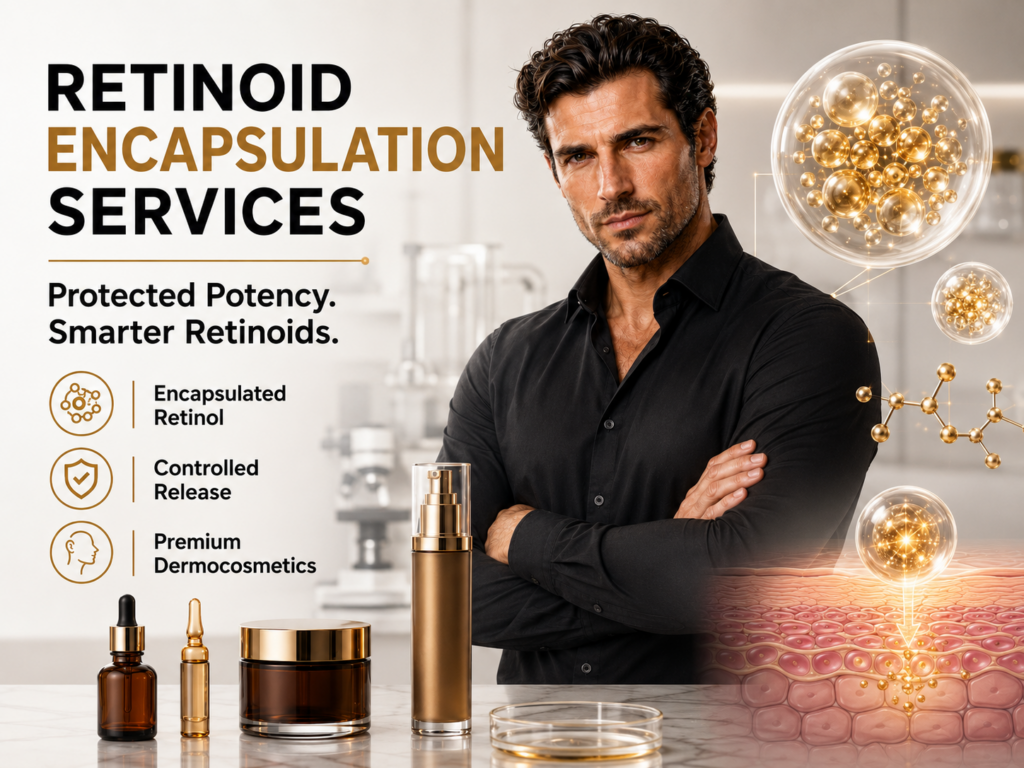 Sophia CDMO Retinoid Encapsulation Services advertisement featuring a masculine Italian-American–style laboratory director in a black shirt beside premium retinoid skincare products. Gold encapsulation spheres, molecular graphics, and a skin-layer illustration highlight protected potency, controlled release, stability, and premium dermocosmetic development.