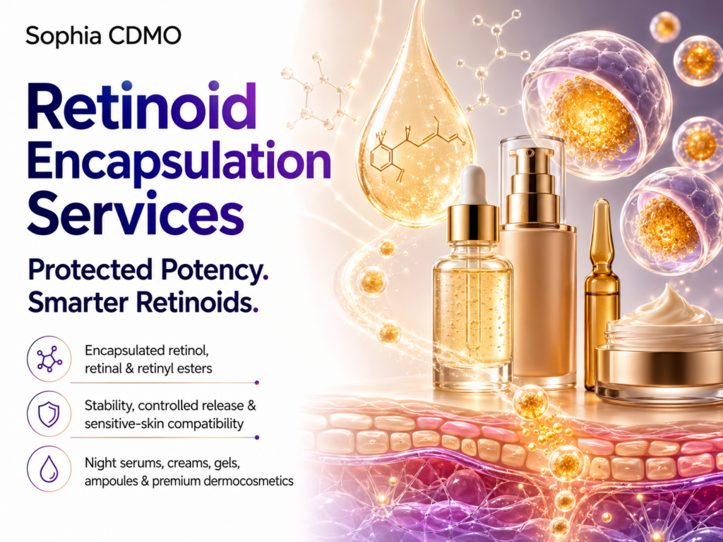Sophia CDMO ad text reads 'Retinoid Encapsulation Services' with some bottles and biotech art to right, smaller text reads 'Encapsulated retinol, retinal & retinyl esters, Stability, controlled release & sensitive-skin compatibility, Night serums, creams, gels, ampoules & premium dermocosmetics, yellow, pink, purple, white black blue colors.